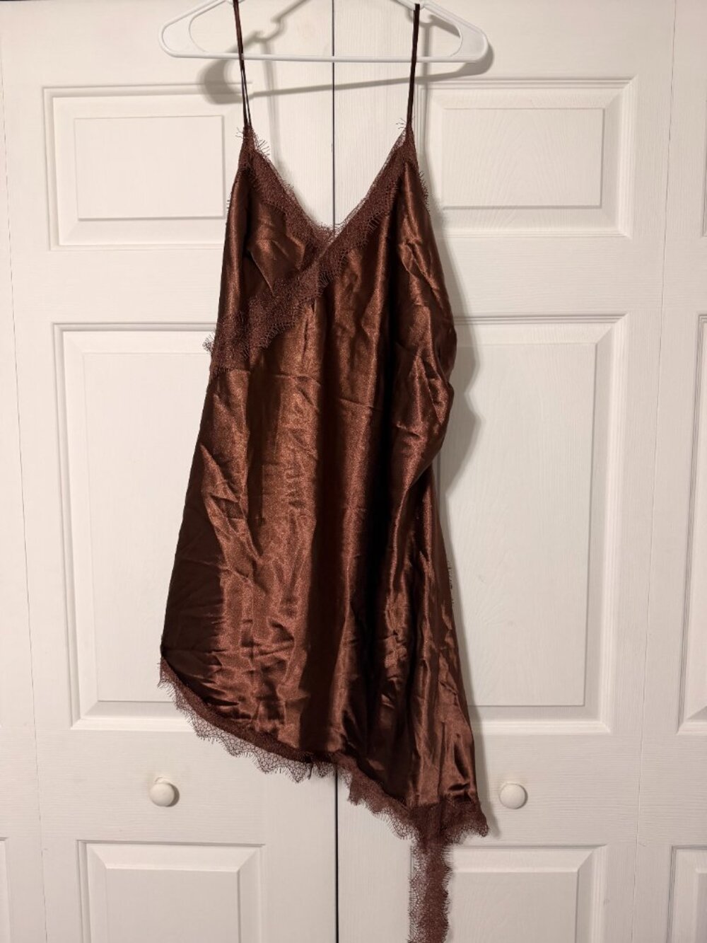 Brown Satin Slip Dress, High-Low with Lace Trim and Detailing
